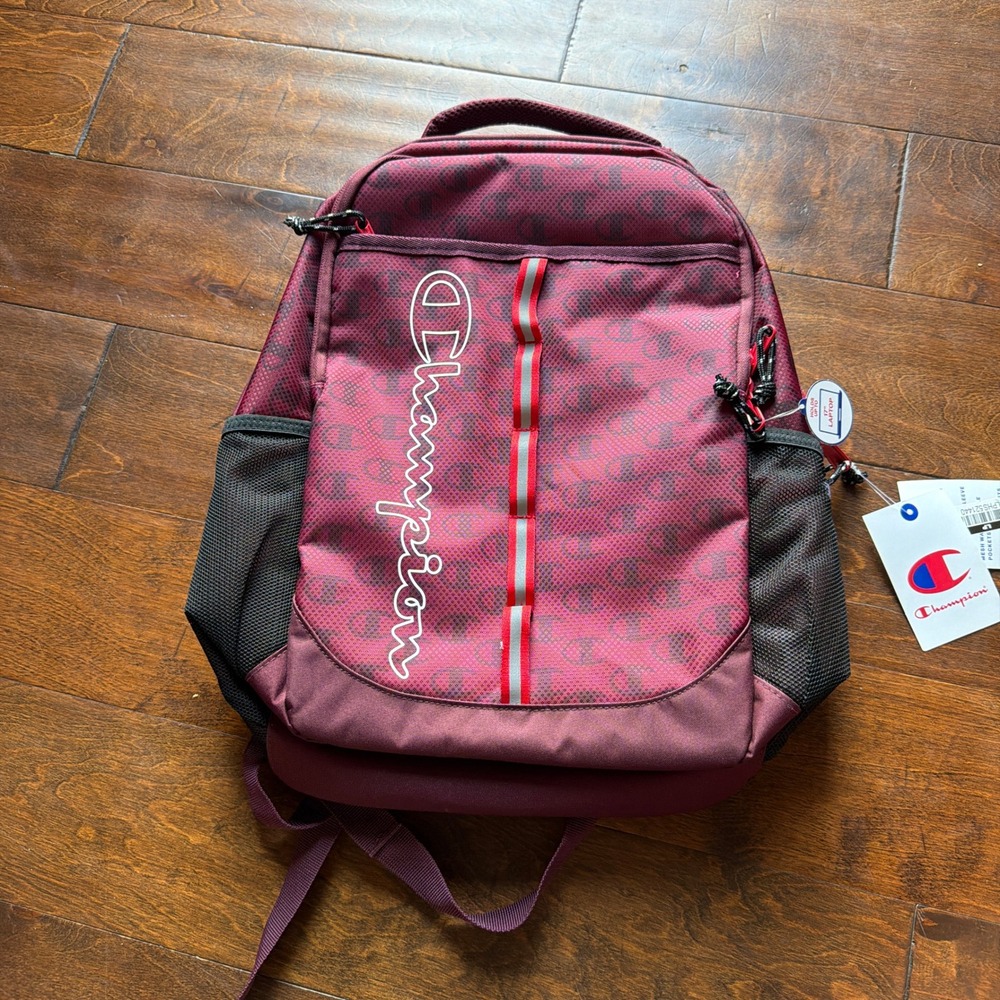 Champion Maroon Burgundy Logo School Backpack 17 Inch Laptop Sleeve  NEW